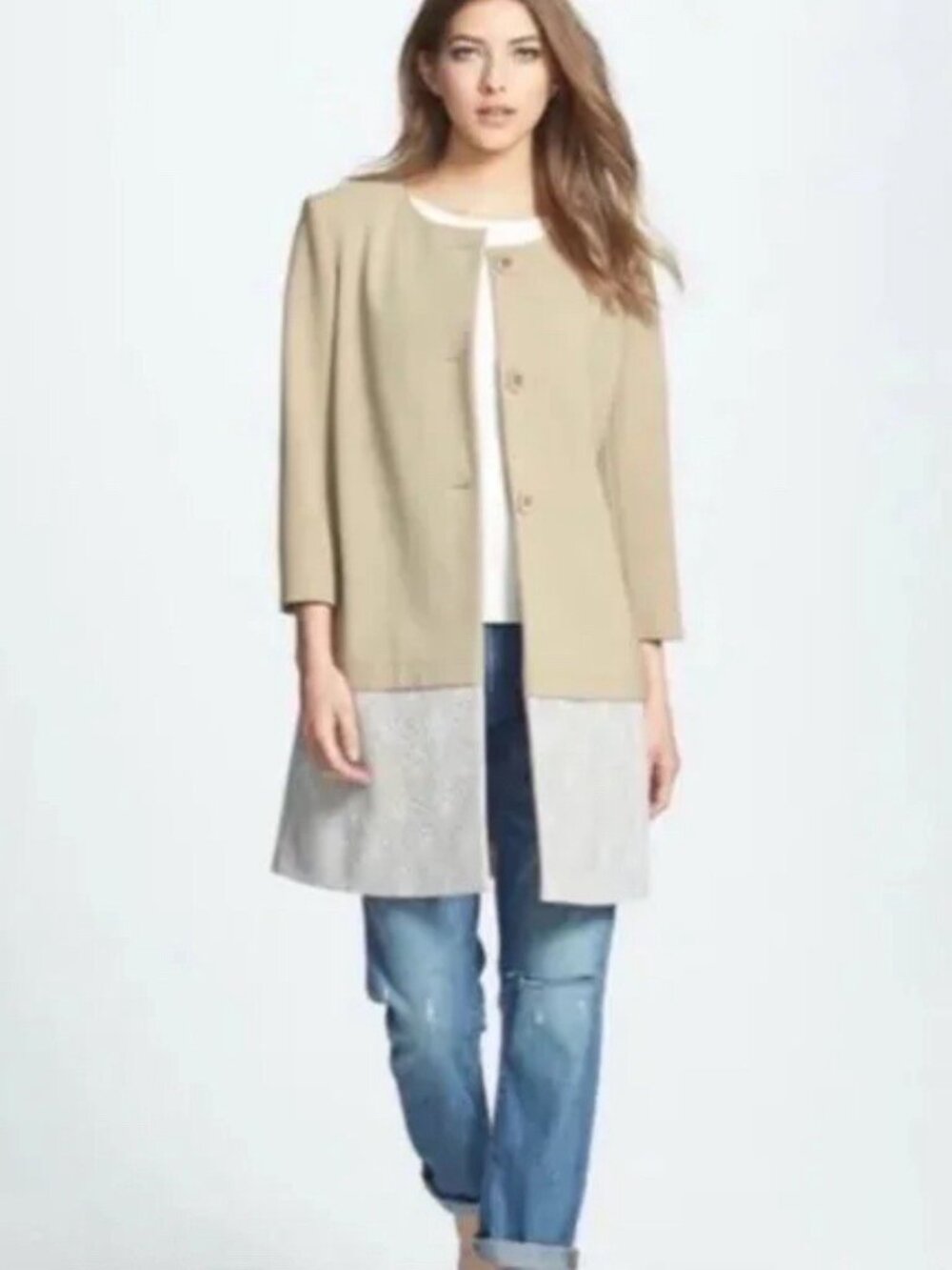 Chelsea28 Women's Tan White Lace Hem Long Line Coat Medium